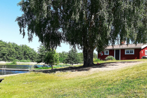 Vakantiehuis in Norrtälje, Zweden, met grote boom, rood huis, zonnig grasveld en aanlegsteiger bij het meer.