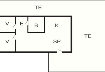 Grundriss eines 4-Personen-Ferienhauses in Norrtälje, Schweden, mit ausgewiesenen Zimmern und Terrasse.