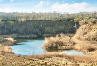 Vista su lago tranquillo e colline con cespugli vicino alla casa per 6 persone a Eskebjerg, Danimarca.
