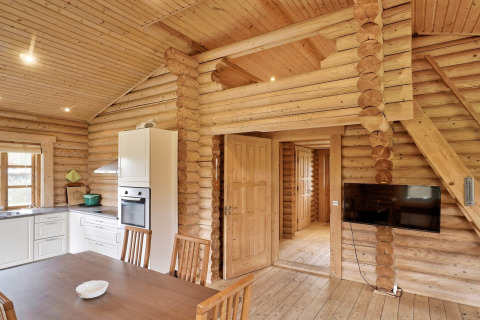 Houten lodge in Eskebjerg, Denemarken, met moderne keuken, eettafel en televisie in warme sfeer.