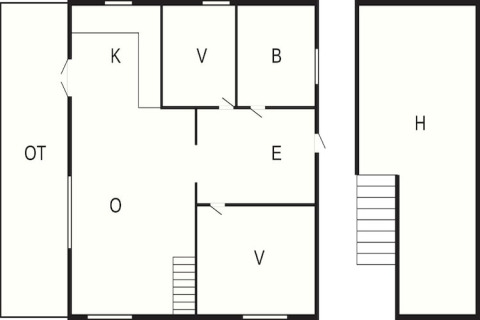 Plan d'une maison de vacances à Eskebjerg, Danemark, indiquant cuisine, salon, chambres et autres pièces.