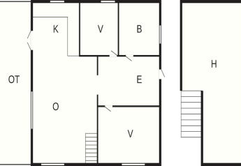 Plattegrond van een vakantiehuis in Eskebjerg, Denemarken, toont keuken, leefruimte, kamers en andere zones.