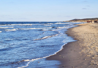 Photo de la plage à Melby, Danemark, près d'une maison de vacances, avec des vagues et des promeneurs.