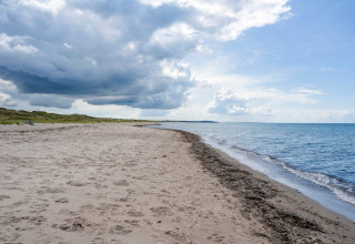 Spiaggia sabbiosa e mare calmo vicino a una casa vacanze per 6 persone a Melby, Danimarca, cielo nuvoloso.