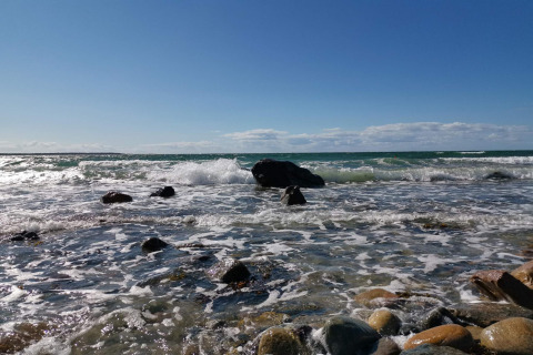 Billede af bølger og sten ved stranden nær 6-personers feriehus i Melby, Danmark, under en klar blå himmel.