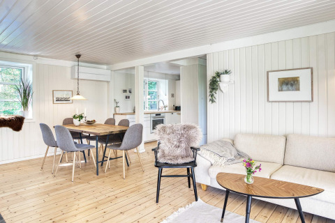 Lichte, moderne woonkamer in het 6-persoons vakantiehuis in Melby, Denemarken, met open keuken en eethoek.