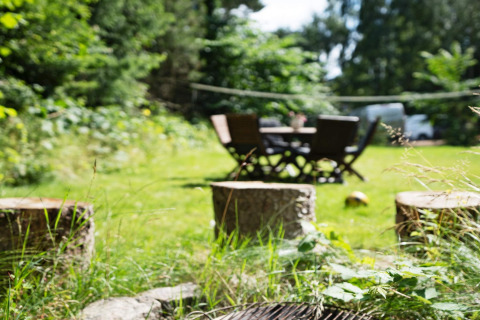 Vista su un giardino verde con ceppi d’albero e arredi da esterno, casa vacanze per 6 persone a Melby, Danimarca.