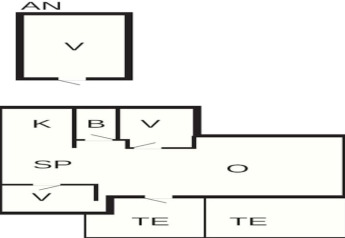 Plattegrond van een 6-persoons vakantiehuis in Melby, Denemarken, met kamers en terras.