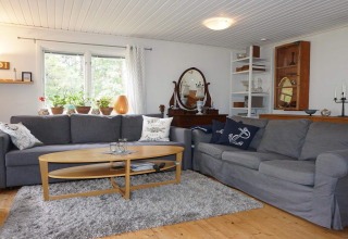 Stue i en feriebolig i Mönsterås, Sverige, med grå sofaer, træbord, planter og vintage dekoration.