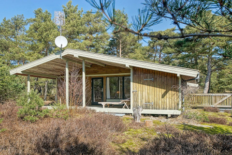 Lodge Seaside Serenity à Snogebaek entourée de pins et de nature, sous un ciel bleu ensoleillé.