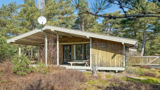 Seaside Serenity-lodge in Snogebaek, midden in het groen met pijnbomen en natuurlijke vegetatie.