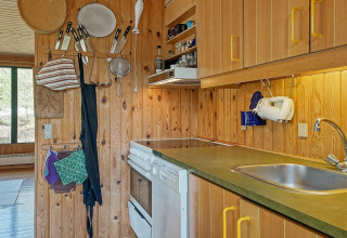 Met hout beklede keuken in lodge met hangende keukengerei, oven en groen aanrecht in Snogebaek, Denemarken.
