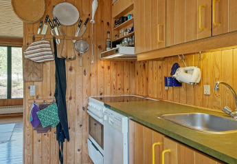 Houten keuken in lodge met hangende gebruiksvoorwerpen, oven en groen werkblad in Snogebaek, Denemarken.