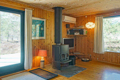 Séjour avec panneaux de bois, poêle, grandes fenêtres et déco moderne au Seaside Serenity à Snogebaek.