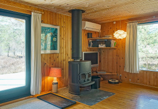 Woonkamer met houten muren, houtkachel en grote ramen in de lodge Seaside Serenity in Snogebaek.