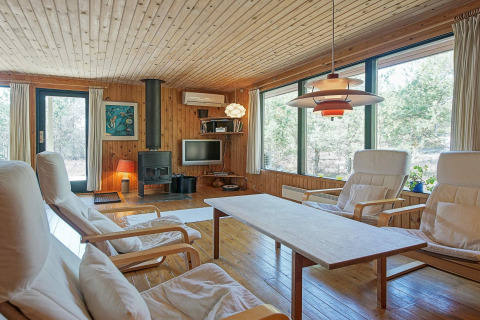 Acogedora sala en Seaside Serenity en Snogebaek, Dinamarca, con interiores de madera y amplias ventanas.