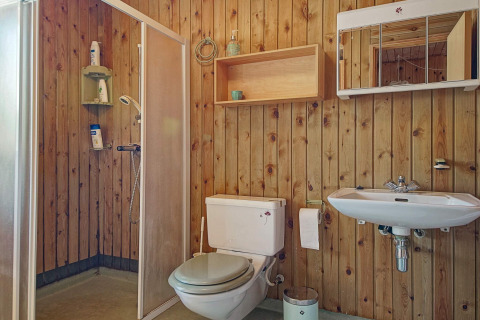 Salle de bain avec murs en bois, douche, toilettes et lavabo au Seaside Serenity à Snogebaek, Danemark.