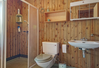 Baño con paredes de madera, ducha, inodoro y lavabo en Seaside Serenity in Snogebaek, Dinamarca.