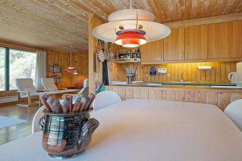 Cucina e soggiorno luminosi con rivestimenti in legno al lodge Seaside Serenity a Snogebaek, Danimarca.