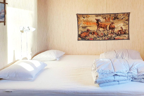 Slaapkamer met een dubbel bed, witte kussens, donsdeken en wandtapijt met herten in Rimforsa, Zweden.