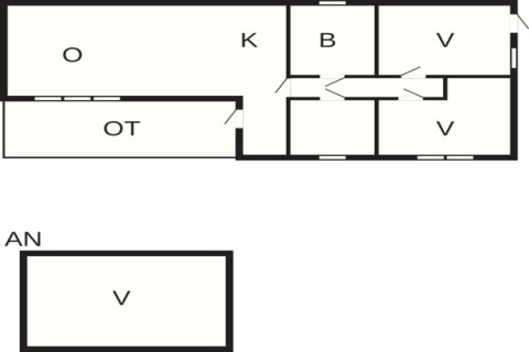 Grundriss eines Ferienhauses für 6 Personen in Rimforsa, Schweden, mit markierten Schlafzimmern und Gemeinschaftsräumen.
