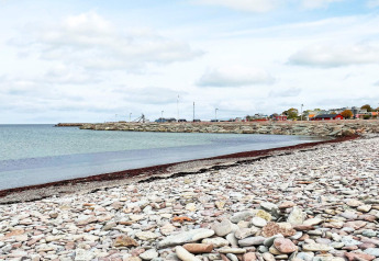 Steiniger Strand und ruhiges Meer nahe einem Ferienhaus in Löttorp, Schweden, mit weitläufigem Horizont.