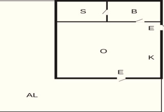 Plan d’une maison de vacances pour 3 personnes à Löttorp, Suède, montrant l’agencement des pièces.