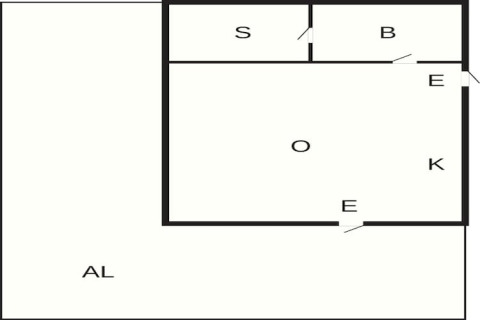 Grundriss eines 3-Personen-Ferienhauses in Löttorp, Schweden mit Raumaufteilung und Eingängen.
