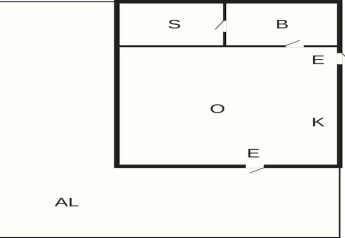 Grundriss eines 3-Personen-Ferienhauses in Löttorp, Schweden mit Raumaufteilung und Eingängen.