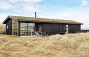 Zwart vakantiehuis voor 6 in Pandrup, Denemarken, met groendak, omgeven door gras en duinen.