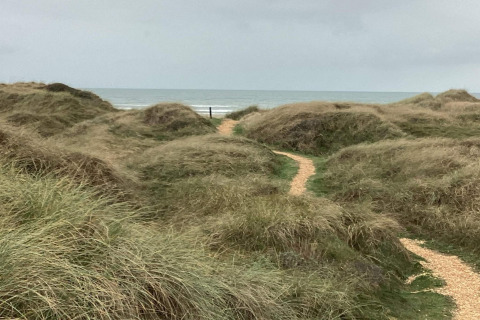 Pfad durch Dünen und Graslandschaft am Meer nahe „6 Personen Ferienhaus in Pandrup“, Dänemark, bei bewölktem Himmel.