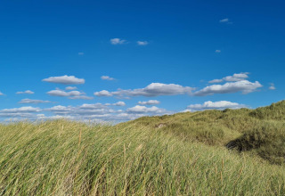 Blåt himmel over grønne klitter ved 6 personers feriehus i Pandrup, Danmark, med lette skyer.