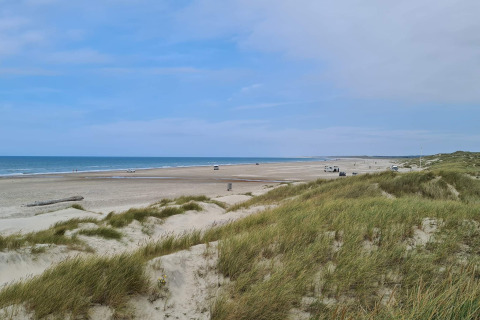 Zicht vanaf de duinen op het strand en de zee bij Pandrup, Denemarken, met auto's en mensen.