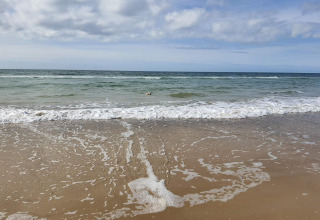 Golfjes op het strand bij het 6-persoons vakantiehuis in Pandrup, Denemarken, met een hond in het water.
