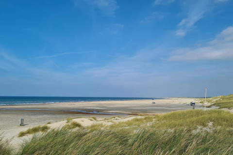 Plage paisible et dunes sous ciel bleu près d’une maison de vacances pour 6 personnes à Pandrup, Danemark.