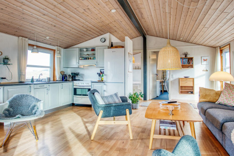 Gezellige woonkamer in vakantiewoning in Pandrup, Denemarken met open keuken en houten accenten.