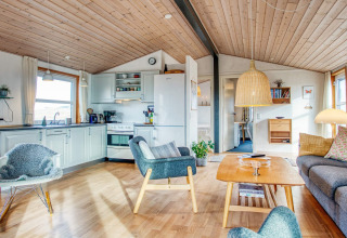 Luminoso salón de casa vacacional en Pandrup, Dinamarca, con cocina moderna y decoración acogedora.