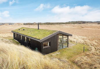 Casa vacacional negra con techo verde para 6 personas en Pandrup, Dinamarca, rodeada de dunas y naturaleza.