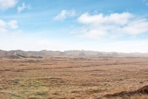 Panoramisch uitzicht op vakantiewoningen in Pandrup, Denemarken, omgeven door uitgestrekte weiden.