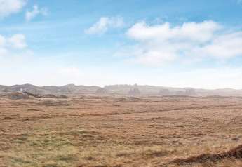 Panoramabillede af feriehytter i Pandrup, Danmark, omgivet af åbne græsmarker og blå himmel.
