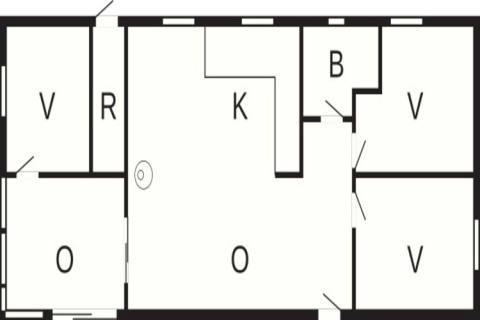 Grundriss eines 6-Personen-Ferienhauses in Pandrup, Dänemark mit Wohn-, Schlaf-, Bad- und Küchenräumen.