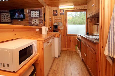 Cocina forrada de madera en la Holiday home Susanne 58 qm, Alemania, con microondas, ventana y TV.