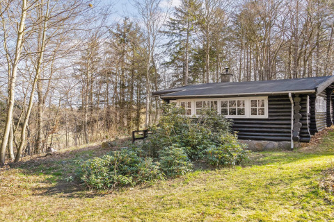 Schwarze Blockhütte inmitten von Bäumen und Sträuchern bei Tageslicht in Frederiksværk, Dänemark.