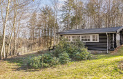 Casetta in legno nera circondata da alberi e vegetazione alla luce del giorno a Frederiksværk, Danimarca.