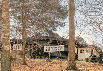 Chalet en bois à Frederiksværk, Danemark, entouré d’arbres dans une clairière lors d’une journée ensoleillée.