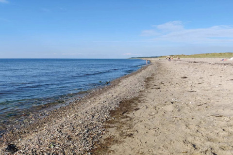 Strand bij Frederiksværk, Denemarken, rustige zee en blauwe lucht bij vakantiehuis voor 4 personen.