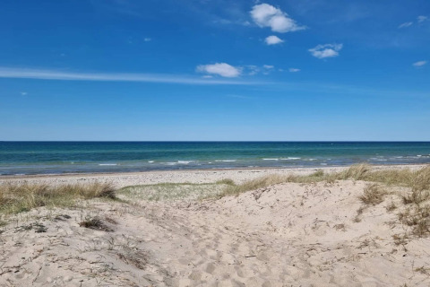 Vista de la playa y el mar en Frederiksværk con dunas y cielo azul, desde una casa de vacaciones en Dinamarca.