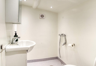 Badeværelse med håndvask, spejlskab, håndbruser og toiletpapir i et feriehus i Frederiksværk, Danmark.