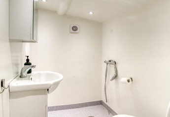 Badeværelse med håndvask, spejlskab, håndbruser og toiletpapir i et feriehus i Frederiksværk, Danmark.