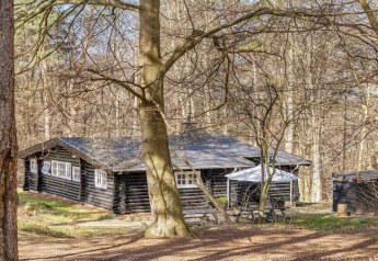 Chalet en rondins noirs dans une forêt près de Frederiksværk, Danemark, avec fenêtres blanches et terrasse.